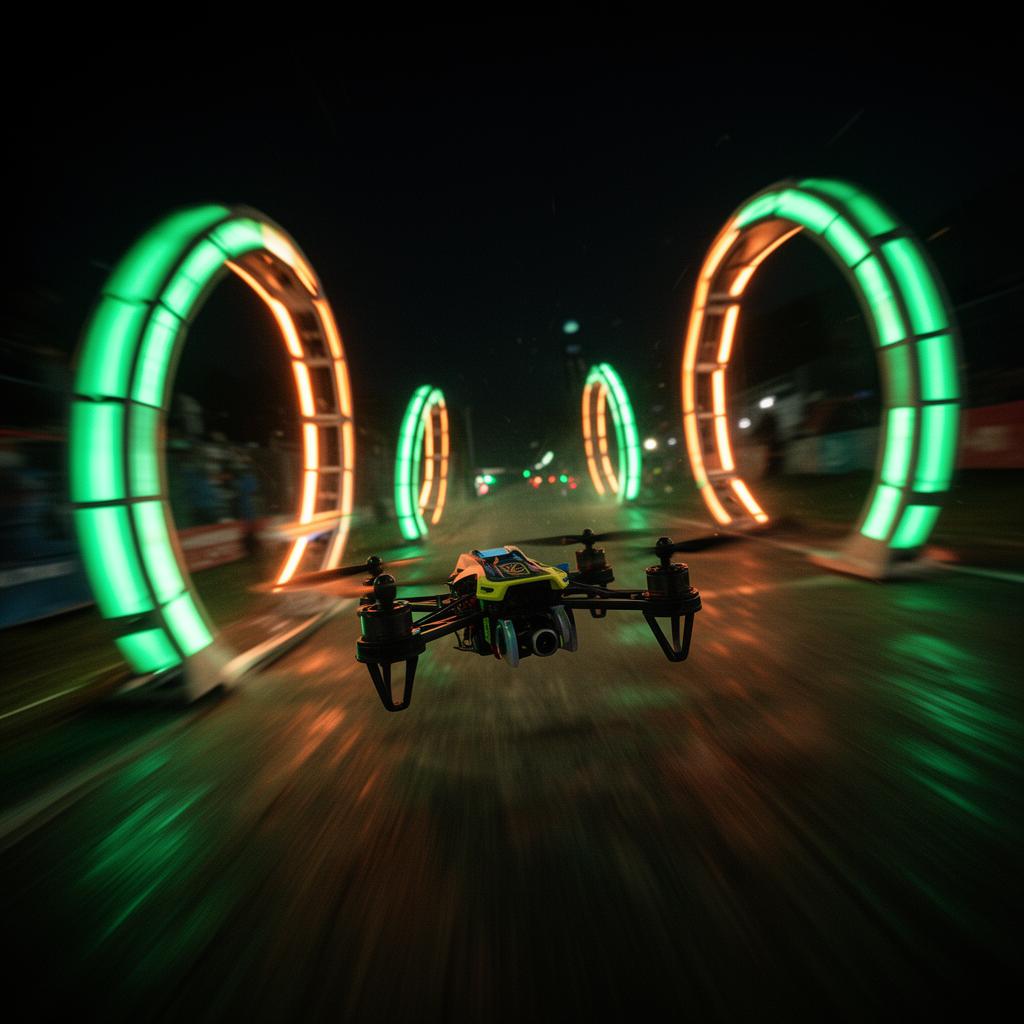 FPV drone racing through illuminated gates